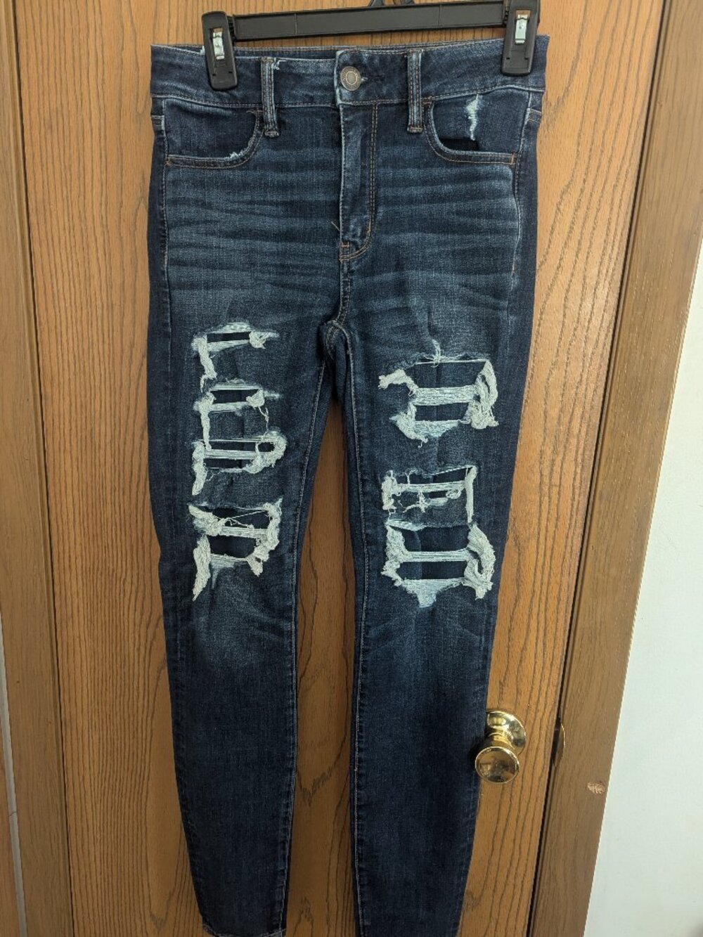 American Eagle Distressed High Rise Stretch Jeggings Jeans Dark Wash -4 Long